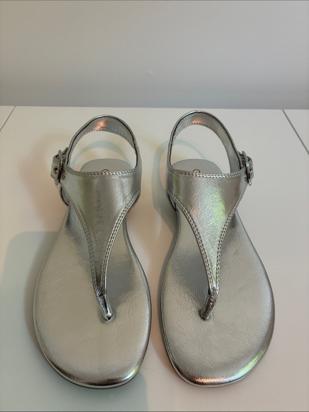 Calvin Klein Silver Metallic T-Strap Sandals